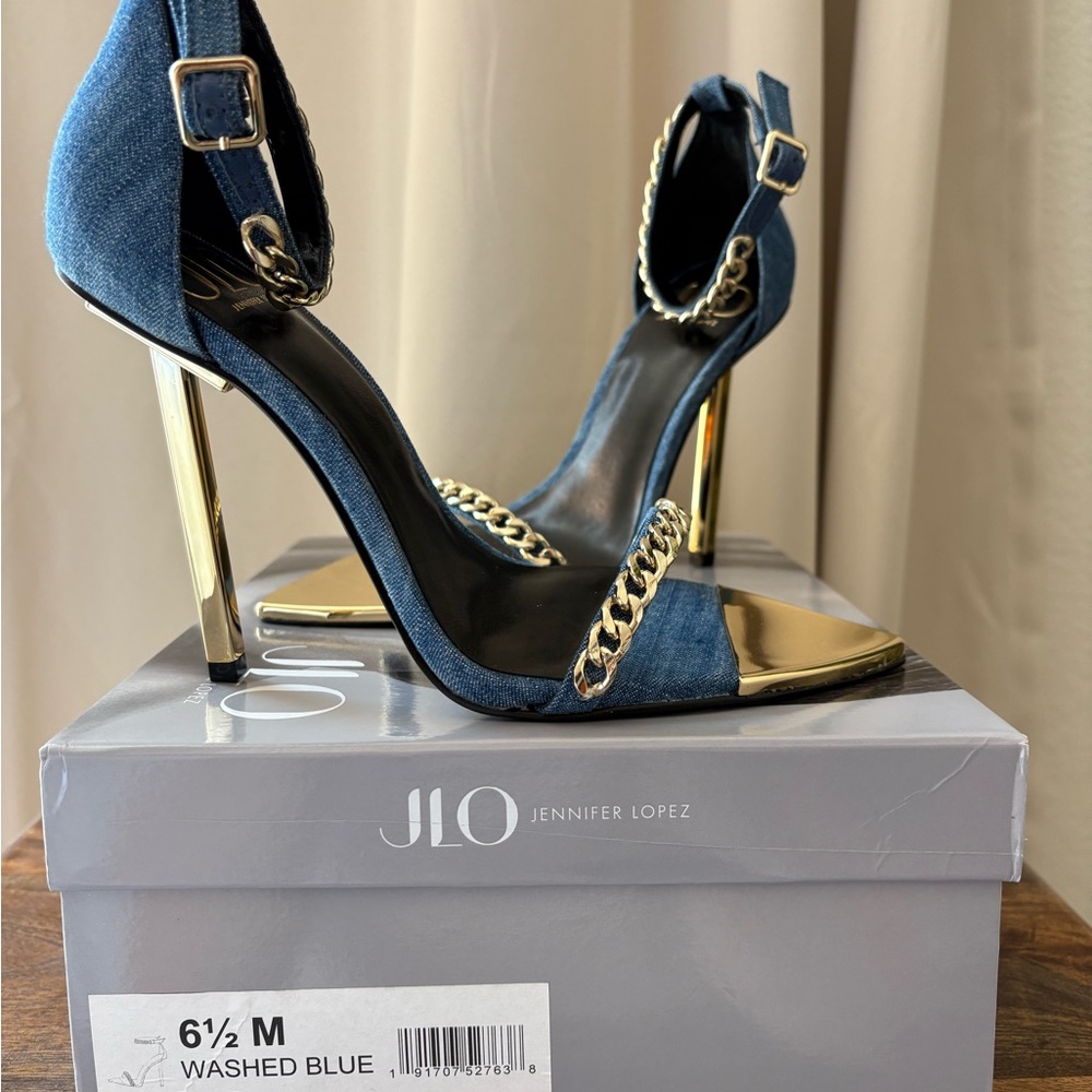 Jennifer Lopez Gold and Blue Denim Chain Heels